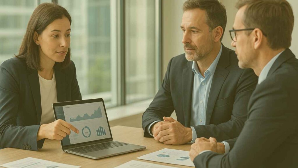 Reunião corporativa em formato consultivo, mostrando um consultor explicando insights estratégicos para dois executivos, ilustrando na prática o que é venda consultiva pra cliente PJ.