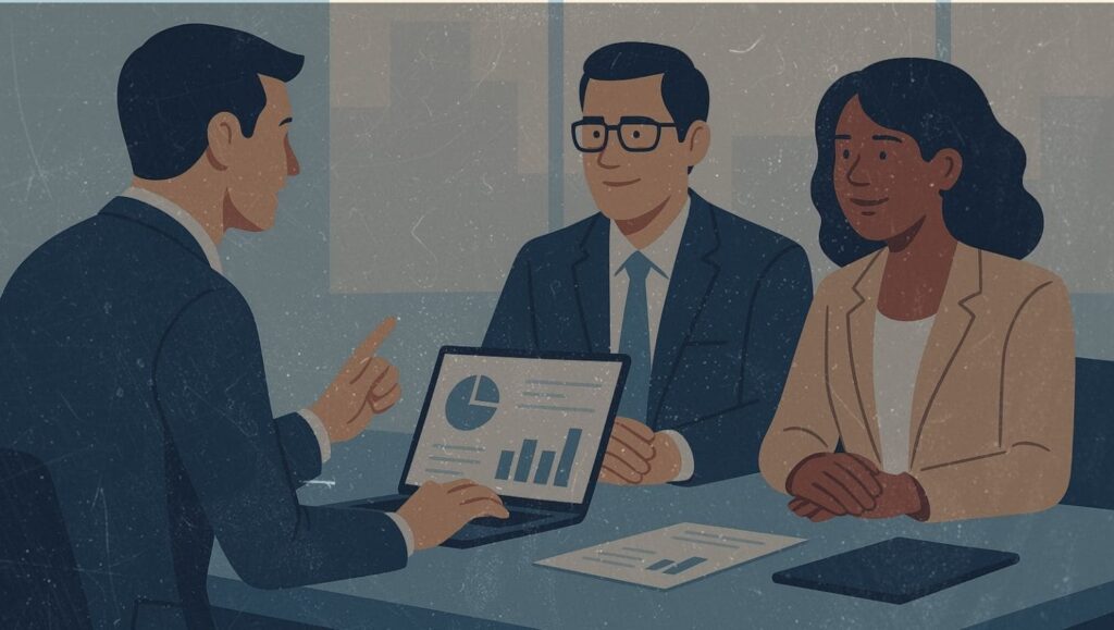 Consultor apresentando análise estratégica em reunião B2B com dois executivos, mostrando gráficos claros em notebook dentro de um escritório moderno.