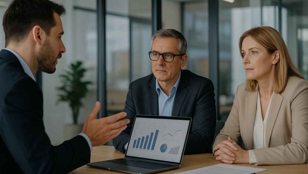 Consultor apresentando diagnóstico estratégico para dois executivos durante uma reunião de venda consultiva B2B, com gráficos no notebook e ambiente corporativo moderno.