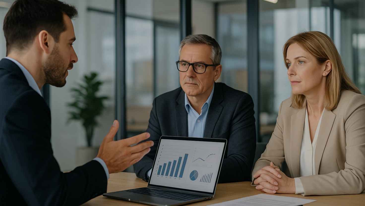 Consultor apresentando diagnóstico estratégico para dois executivos durante uma reunião de venda consultiva B2B, com gráficos no notebook e ambiente corporativo moderno.