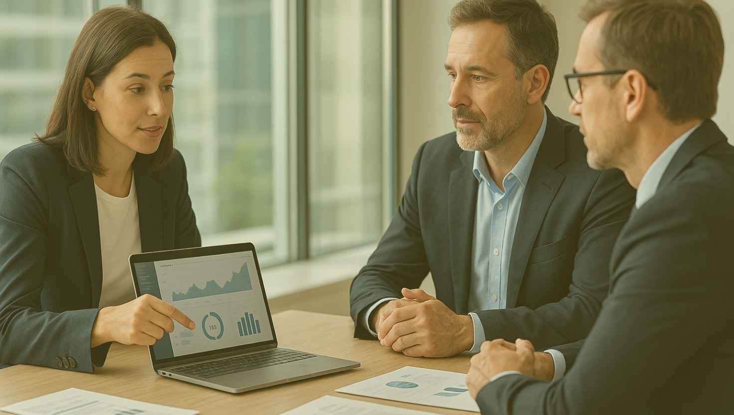 Reunião corporativa em formato consultivo, mostrando um consultor explicando insights estratégicos para dois executivos, ilustrando na prática o que é venda consultiva pra cliente PJ.